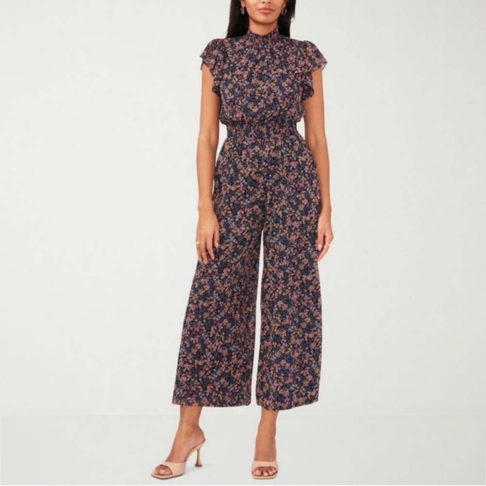 MSK Navy Floral High-Neck Wide-Leg Jumpsuit